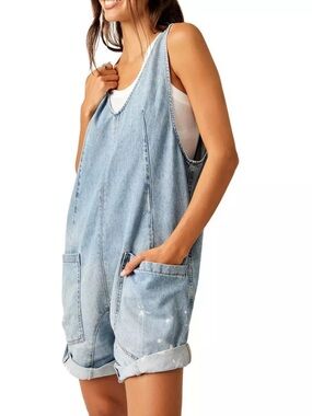 We The Free Light Blue Denim Shorts Romper